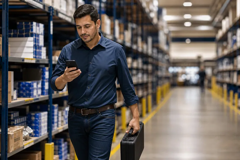 Vendedor externo consultando peças em um centro de distribuição